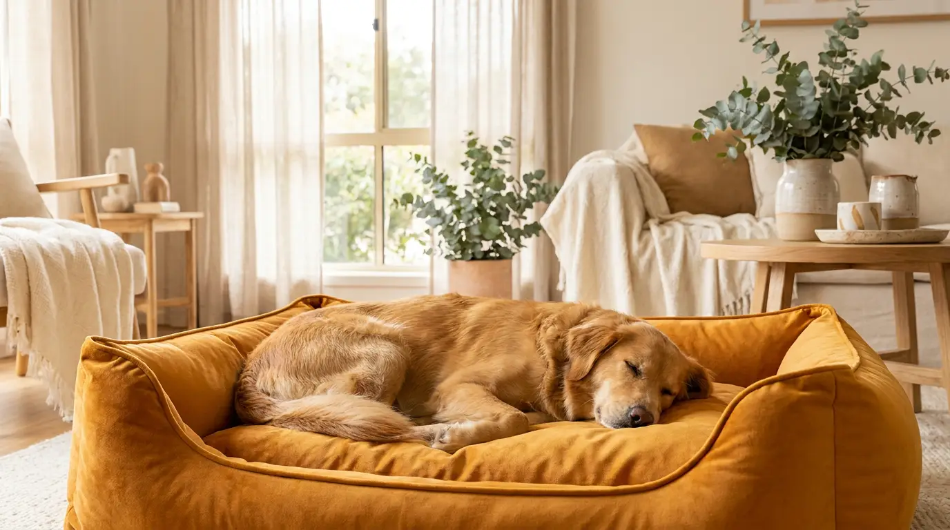 A happy dog curled up snoozing in a plush marigold bolstered bed