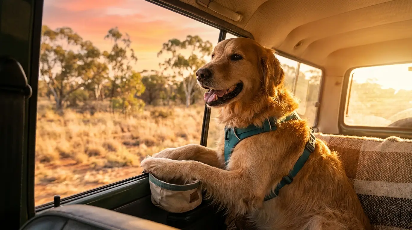 A happy golden dog looking out a car window on an Australian road trip at golden hour