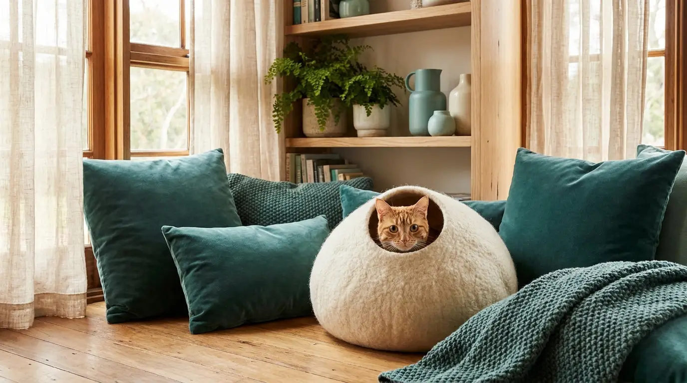 A curious cat peeking out from a soft cream felted cave bed