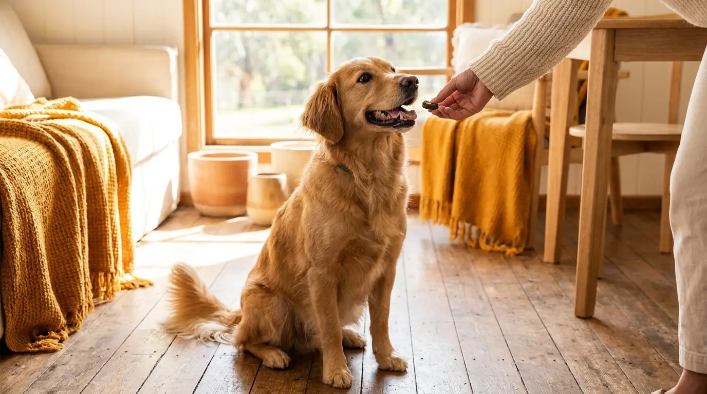A hand giving a small training treat to an attentive happy dog